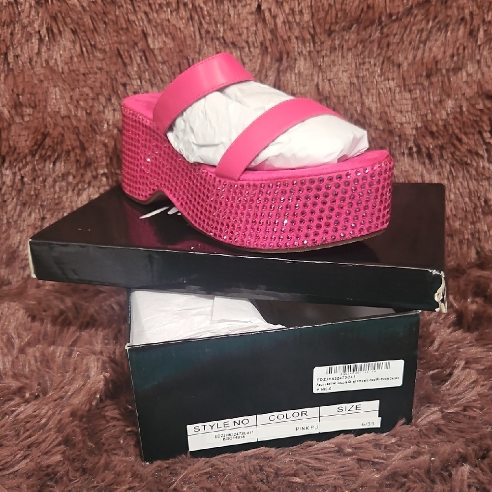 Nasty Gal Pink Platform Slide Sandals with Rhinestone Detail